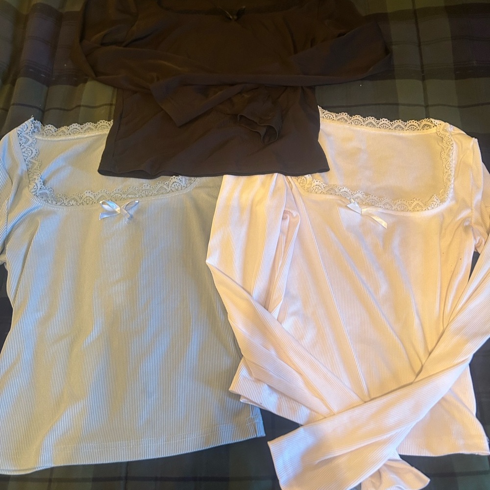 3 Black, Blue, and Cream BABYDOLL Square neck Long Sleeve Tops with Lace Trim